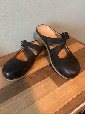 Dansko Black Leather Mary Jane Clog with Tan Sole